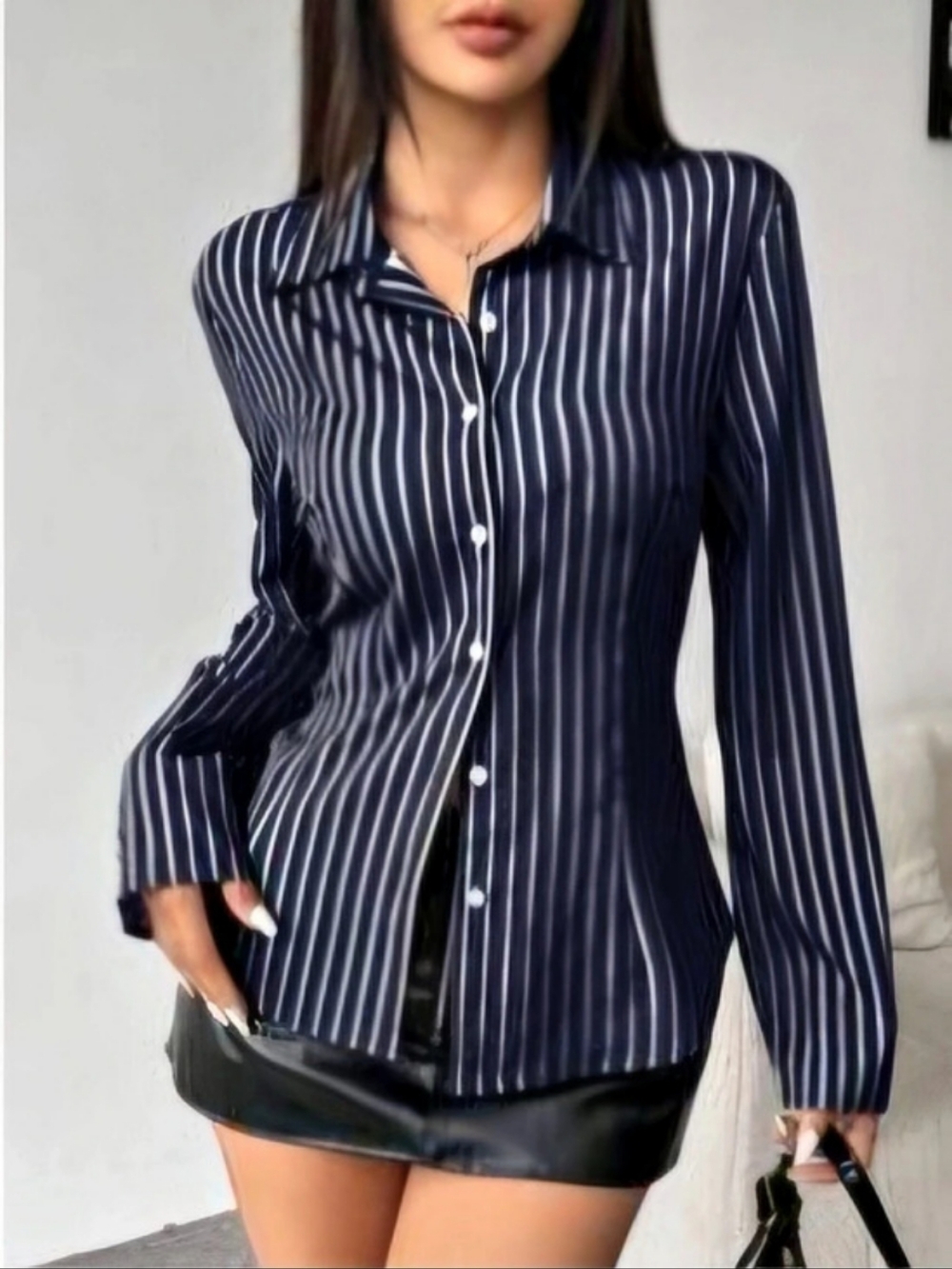 SHEIN Striped Button Down Shirt in Blue & White Size Small